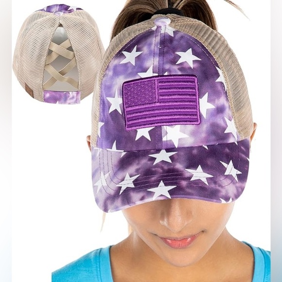 C.C Accessories - NWT American Flag Criss Cross Ponytail Hat Tie Dye Purple Star Print